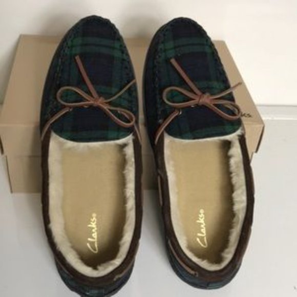 Clarks Suede Faux Fur Lined Moccasin Slippers - Picture 2 of 9